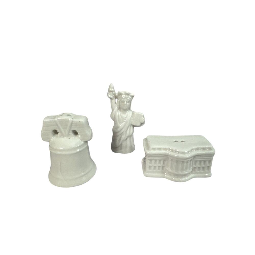 Liberty Bell Statue Of Liberty White House Set of 3 White Mini Salt Shakers